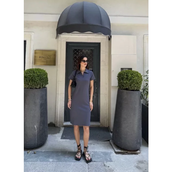 Osy Modal Yumuşak Dokulu Kumaş Yakalı Kısa Kollu Elbise - Füme