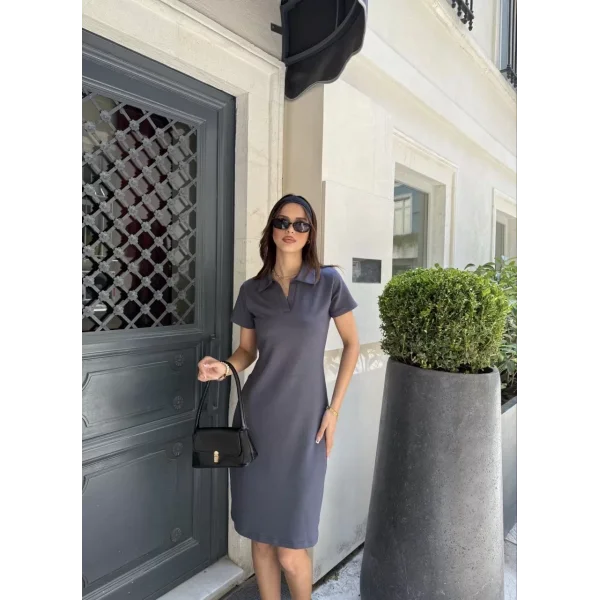 Osy Modal Yumuşak Dokulu Kumaş Yakalı Kısa Kollu Elbise - Füme