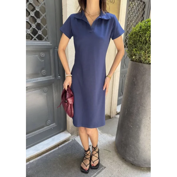 Osy Modal Yumuşak Dokulu Kumaş Yakalı Kısa Kollu Elbise - Mavi