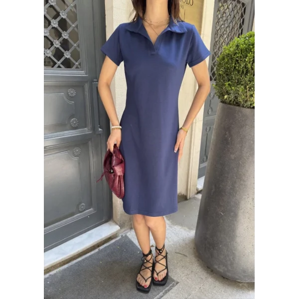 Osy Modal Yumuşak Dokulu Kumaş Yakalı Kısa Kollu Elbise - Mavi