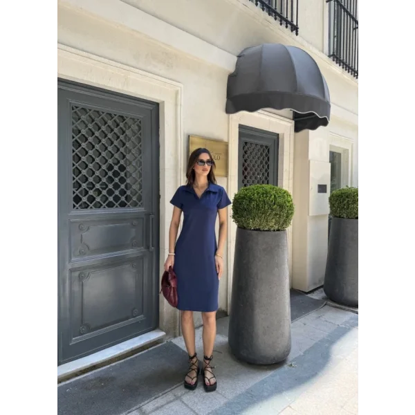 Osy Modal Yumuşak Dokulu Kumaş Yakalı Kısa Kollu Elbise - Mavi