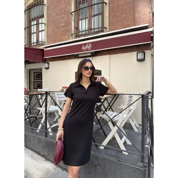 Osy Modal Yumuşak Dokulu Kumaş Yakalı Kısa Kollu Elbise - Siyah