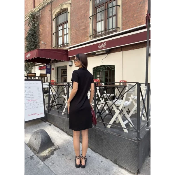 Osy Modal Yumuşak Dokulu Kumaş Yakalı Kısa Kollu Elbise - Siyah