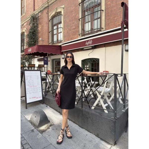 Osy Modal Yumuşak Dokulu Kumaş Yakalı Kısa Kollu Elbise - Siyah