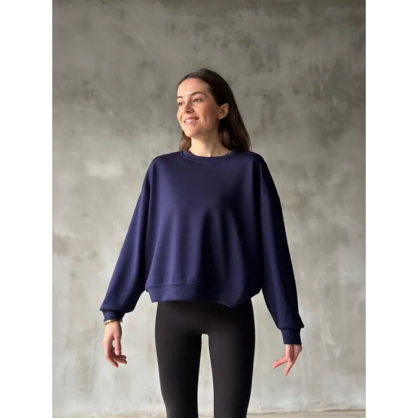 Osy odal Yumuşak Dokulu Kumaş Bisiklet Yaka Oversize weatshirt  acivert