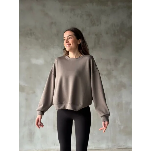 Osy odal Yumuşak Dokulu Kumaş Bisiklet Yaka Oversize weatshirt  Gri