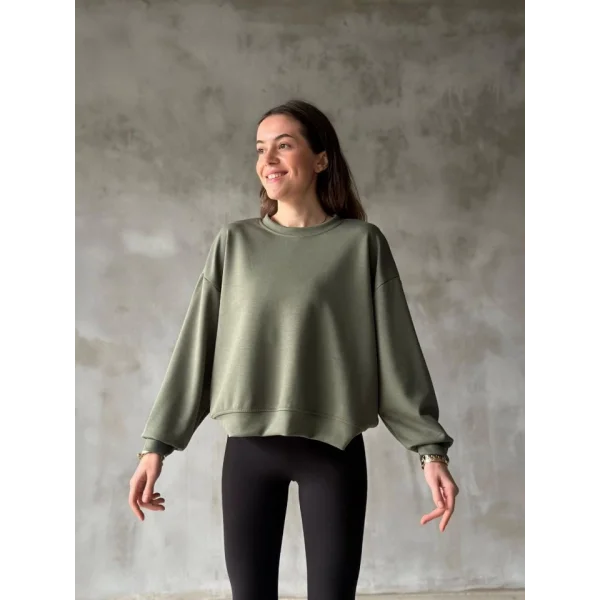 Osy odal Yumuşak Dokulu Kumaş Bisiklet Yaka Oversize weatshirt  Haki