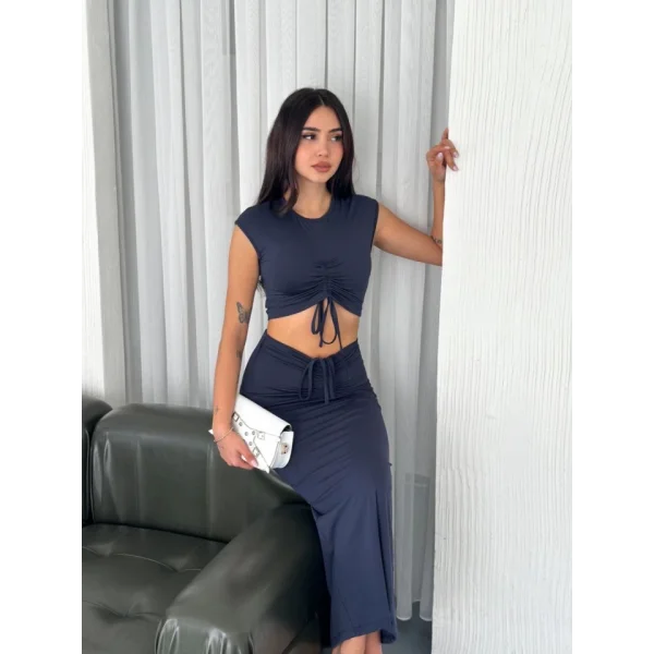 Osy odal Yumuşak Dokulu Kumaş Büzgülü Crop Etek Takım acivert