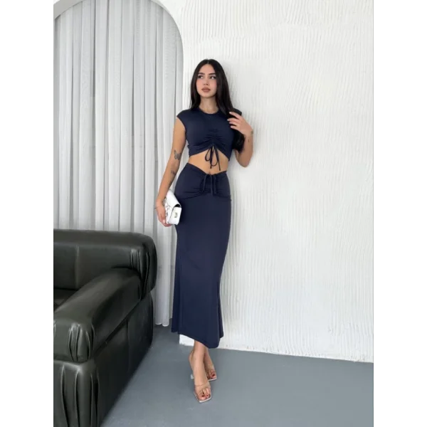 Osy odal Yumuşak Dokulu Kumaş Büzgülü Crop Etek Takım acivert