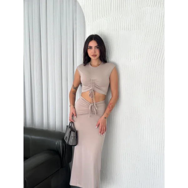 Osy odal Yumuşak Dokulu Kumaş Büzgülü Crop Etek Takım Bej
