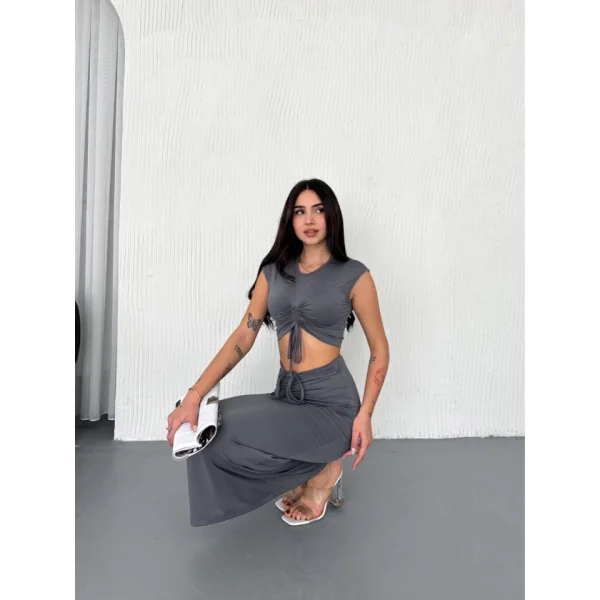 Osy odal Yumuşak Dokulu Kumaş Büzgülü Crop Etek Takım Gri