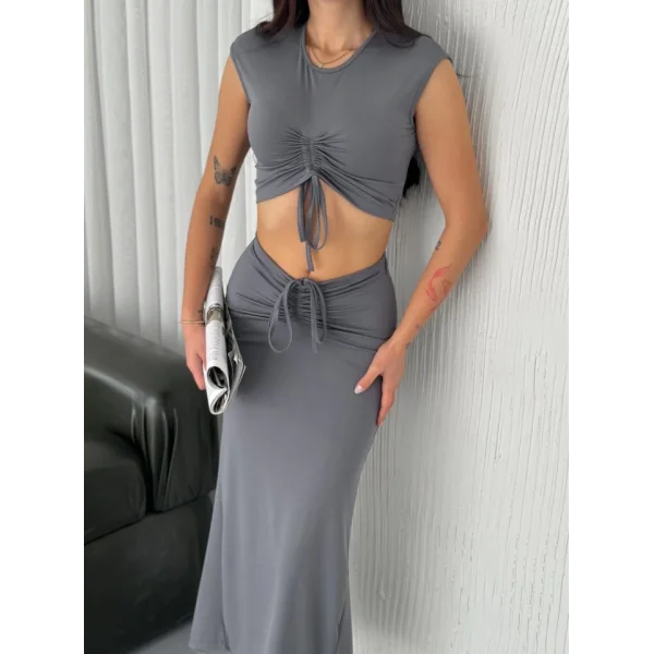 Osy odal Yumuşak Dokulu Kumaş Büzgülü Crop Etek Takım Gri