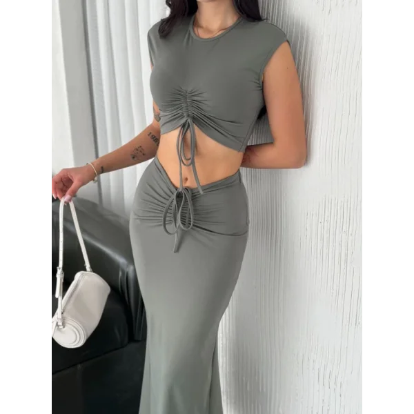 Osy odal Yumuşak Dokulu Kumaş Büzgülü Crop Etek Takım  int Yeşili