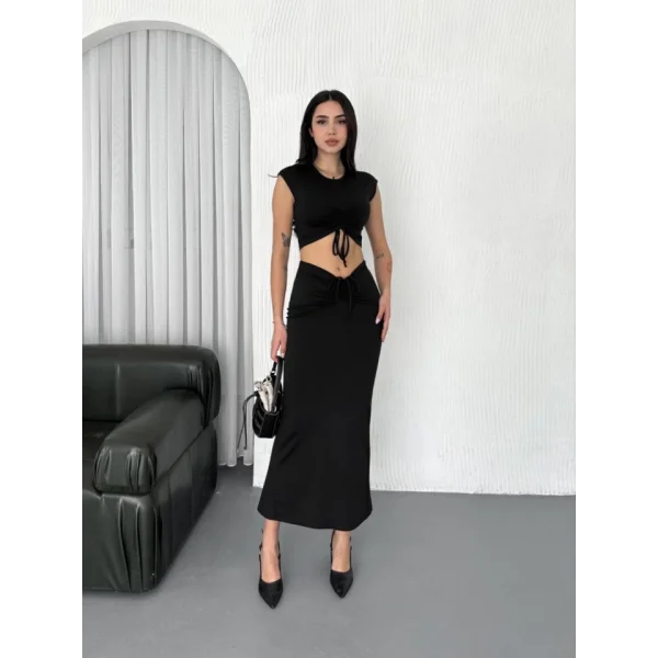 Osy odal Yumuşak Dokulu Kumaş  Büzgülü Crop Etek Takım  iyah