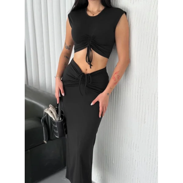 Osy odal Yumuşak Dokulu Kumaş  Büzgülü Crop Etek Takım  iyah