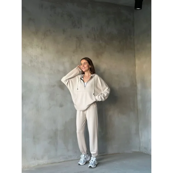 Osy odal Yumuşak Dokulu Kumaş Gogger  Kapüşonlu Yarım Fermuarlı Takım  Bej