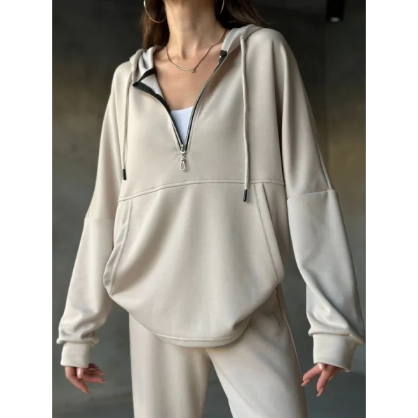 Osy odal Yumuşak Dokulu Kumaş Gogger  Kapüşonlu Yarım Fermuarlı Takım  Bej