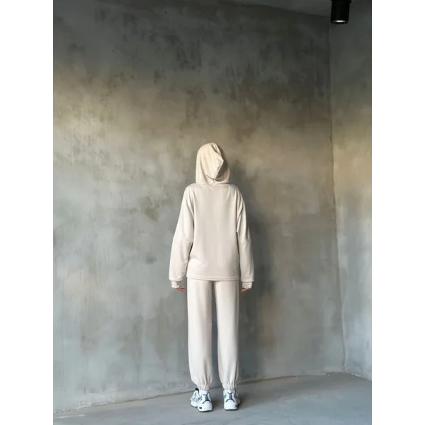 Osy odal Yumuşak Dokulu Kumaş Gogger  Kapüşonlu Yarım Fermuarlı Takım  Bej