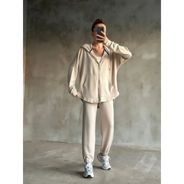 Osy odal Yumuşak Dokulu Kumaş Gogger Oval Kesim Kapüşonlu Fermuarlı Takım Beyaz