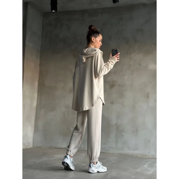 Osy odal Yumuşak Dokulu Kumaş Gogger Oval Kesim Kapüşonlu Fermuarlı Takım Beyaz