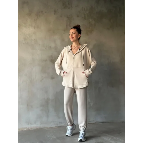 Osy odal Yumuşak Dokulu Kumaş Gogger Oval Kesim Kapüşonlu Fermuarlı Takım Beyaz