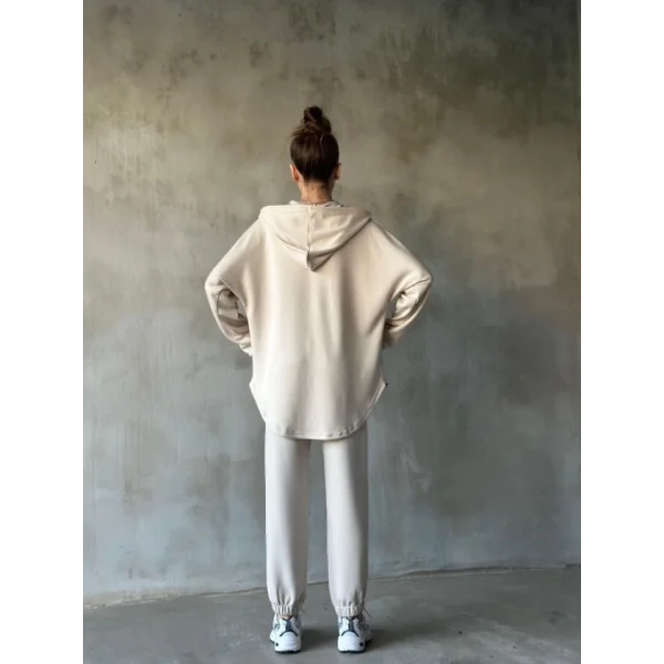 Osy odal Yumuşak Dokulu Kumaş Gogger Oval Kesim Kapüşonlu Fermuarlı Takım Beyaz