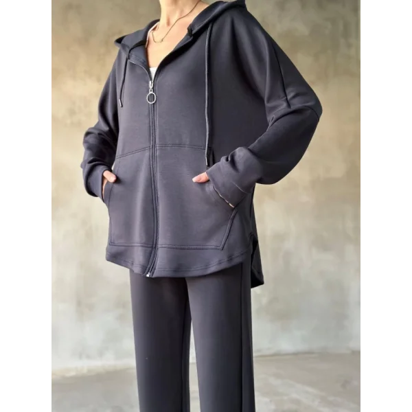 Osy odal Yumuşak Dokulu Kumaş Gogger Oval Kesim Kapüşonlu Fermuarlı Takım Füme