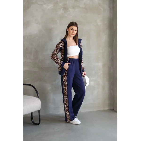 Osy odal Yumuşak Dokulu Kumaş Kapüşonlu eopar Desenli Fermuarlı Takım  acivert