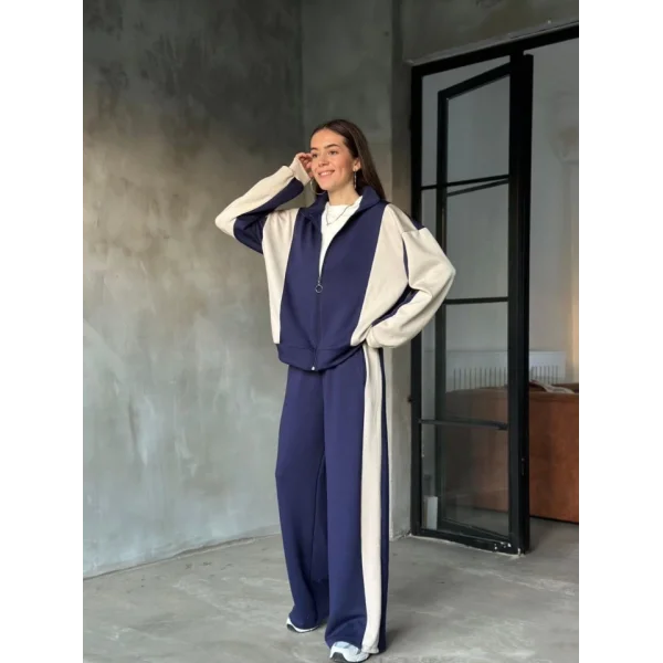 Osy odal Yumuşak Dokulu Kumaş Kapüşonlu Fermuarlı Takım  acivert