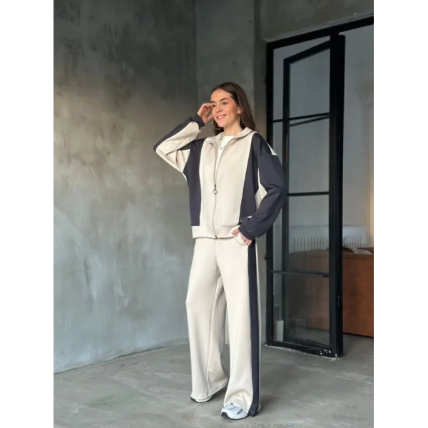 Osy odal Yumuşak Dokulu Kumaş Kapüşonlu Fermuarlı Takım  Bej