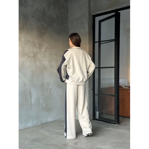 Osy odal Yumuşak Dokulu Kumaş Kapüşonlu Fermuarlı Takım  Bej