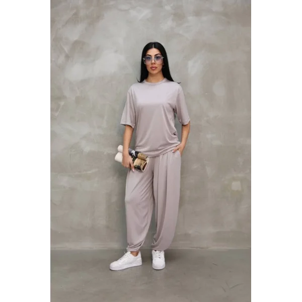 Osy odal Yumuşak Dokulu Kumaş Oversize Bisiklet Yaka Tshirt Jogger Eşofman Altı Eşofman Takımı  Gri