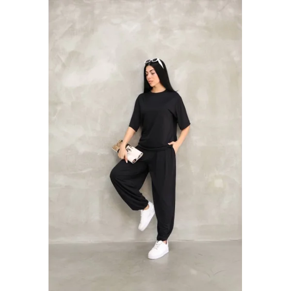 Osy odal Yumuşak Dokulu Kumaş Oversize Bisiklet Yaka Tshirt Jogger Eşofman Altı Eşofman Takımı  iyah