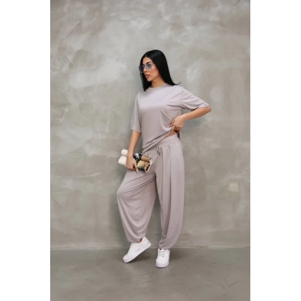 Osy odal Yumuşak Dokulu Kumaş Oversize Bisiklet Yaka Tshirt Jogger Eşofman Altı Eşofman Takımı  Gri