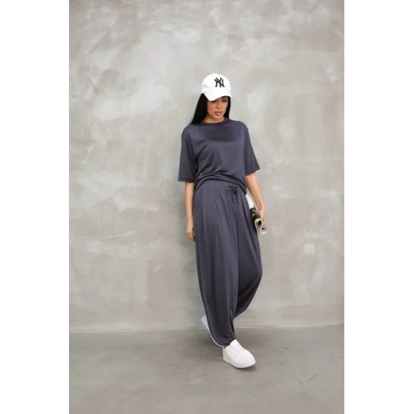 Osy odal Yumuşak Dokulu Kumaş Oversize Bisiklet Yaka Tshirt Jogger Eşofman Altı Eşofman Takımı  Antrasit