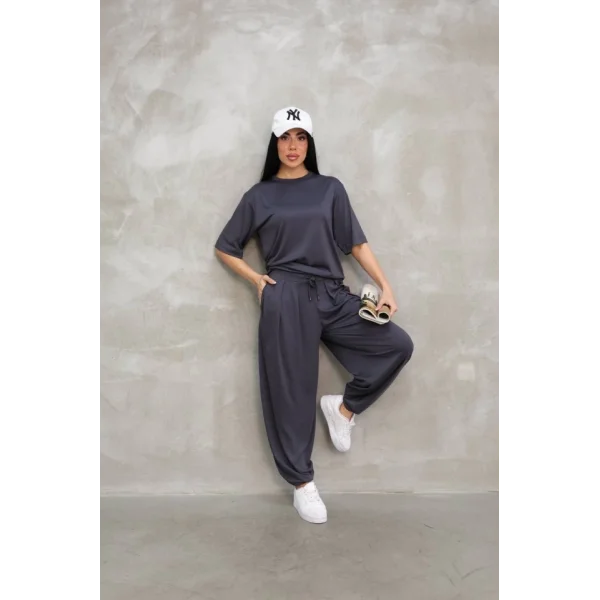 Osy odal Yumuşak Dokulu Kumaş Oversize Bisiklet Yaka Tshirt Jogger Eşofman Altı Eşofman Takımı  Antrasit