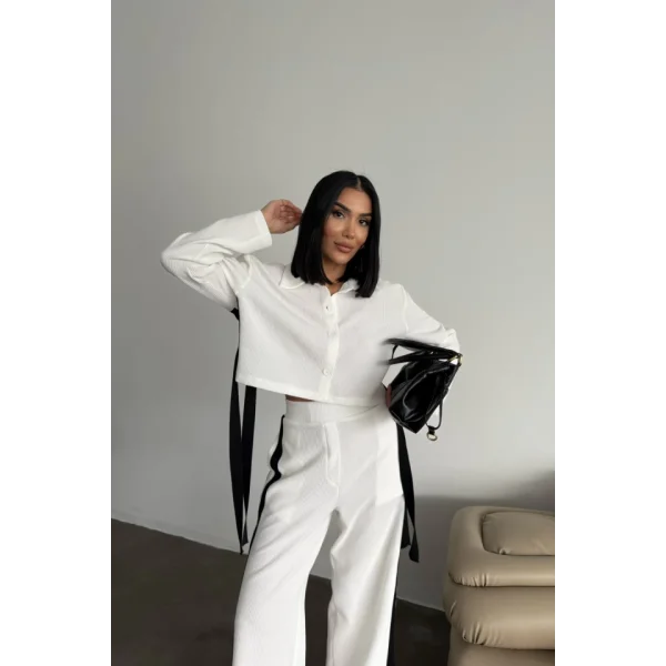 OTTOMAN EŞOFMAN TAKIM YANLARI ŞERİT DETAYLI - Beyaz