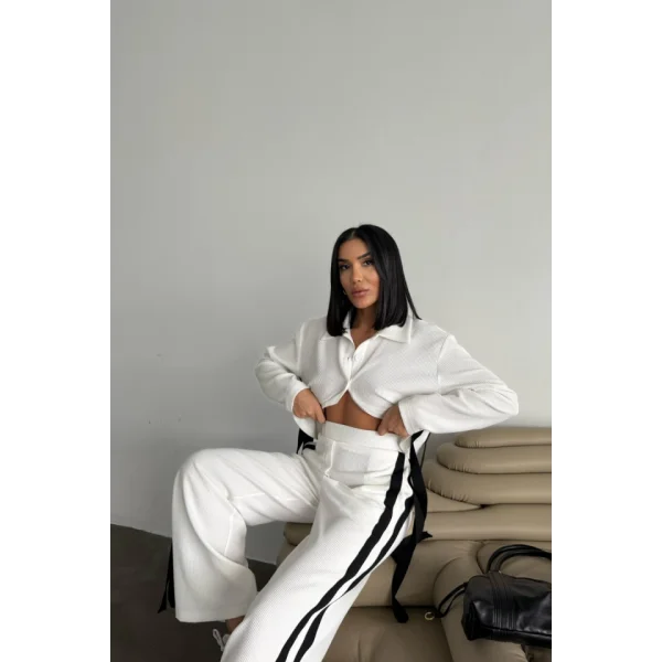 OTTOMAN EŞOFMAN TAKIM YANLARI ŞERİT DETAYLI - Beyaz