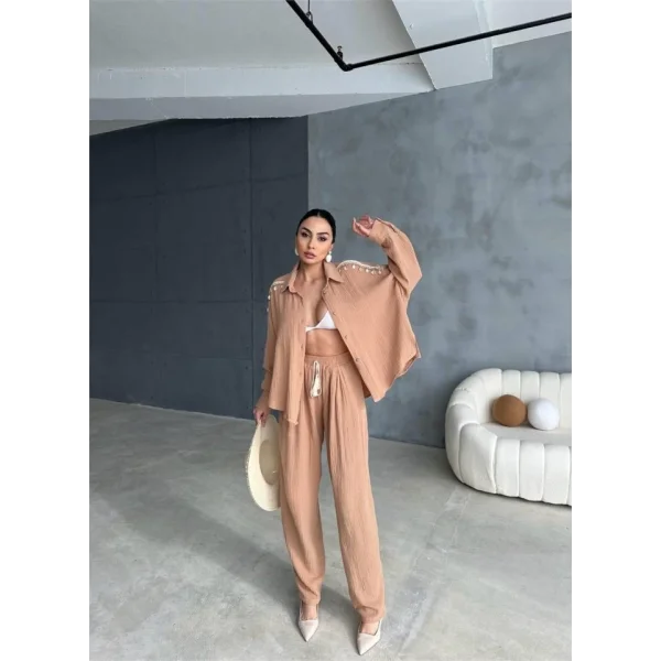 OUZ AÇAK DENİZ KABUĞU GÖEK  PANTOON TAKI  Bej