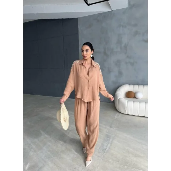 OUZ AÇAK DENİZ KABUĞU GÖEK  PANTOON TAKI  Bej