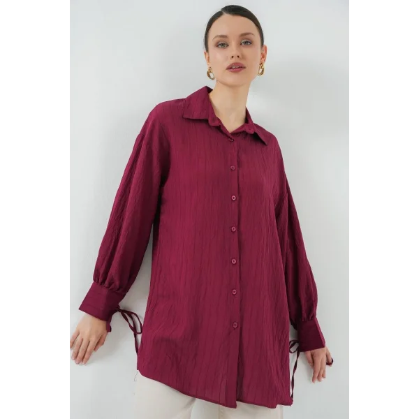 Oversize Bağcıklı Gömlek 5954 - Bordo