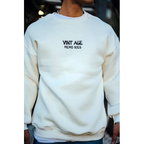 Oversize Bisiklet Yaka Üç İplik Baskılı SweatShirt - Beyaz