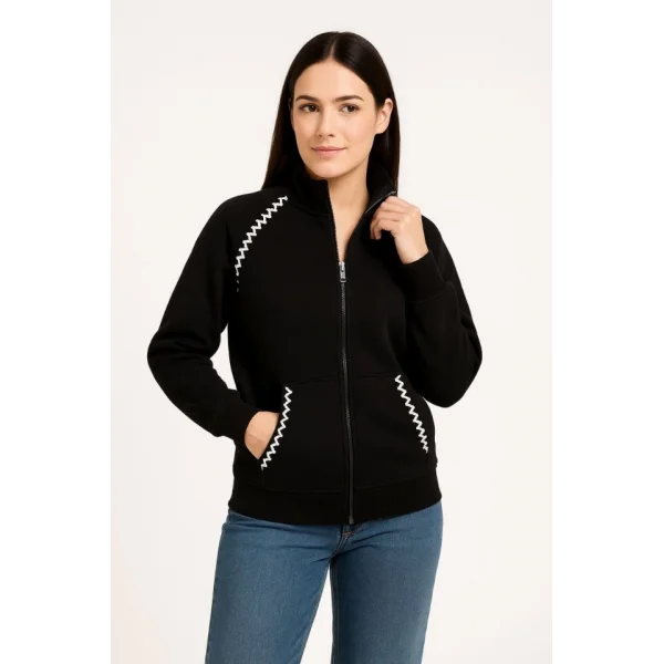 Oversize Dik Yaka Fermuarlı Sweatshirt - Zincir Nakışli Kanguru Cepli, - Siyah