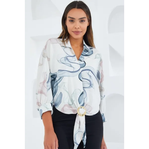 Oversize Dökümlü Crop Saten Gömlek 906  İndigo