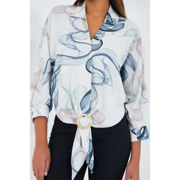 Oversize Dökümlü Crop Saten Gömlek 906  İndigo