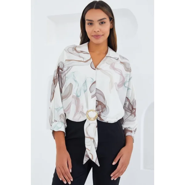 Oversize Dökümlü Crop Saten Gömlek 906  Kahverengi