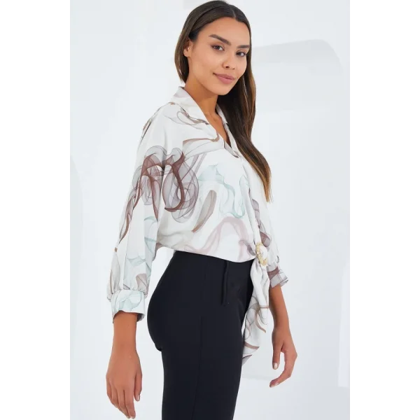 Oversize Dökümlü Crop Saten Gömlek 906  Kahverengi