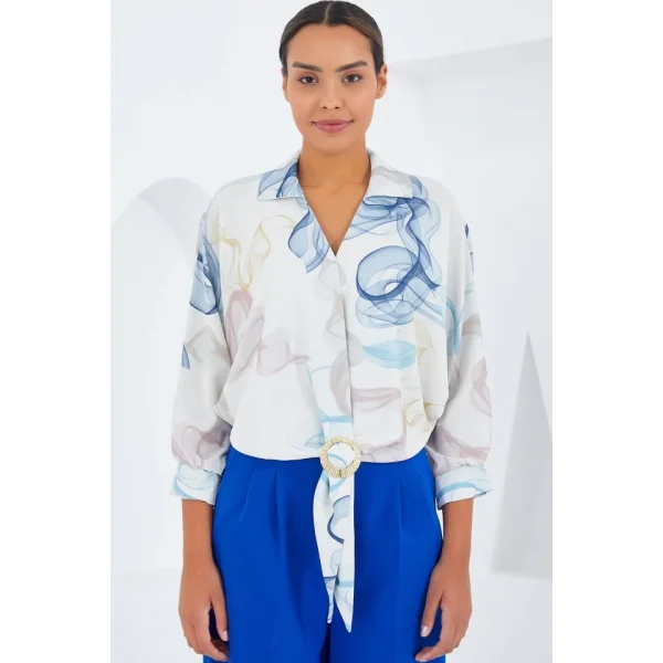 Oversize Dökümlü Crop Saten Gömlek 906  Mavi