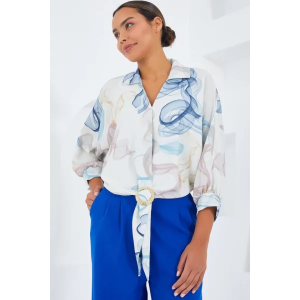 Oversize Dökümlü Crop Saten Gömlek 906  Mavi