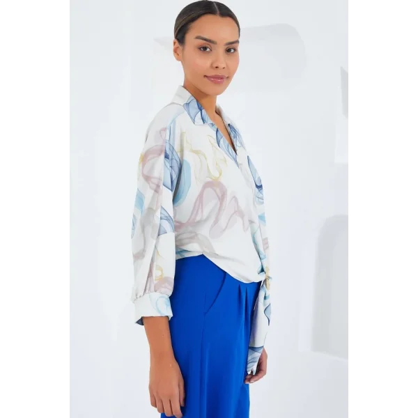 Oversize Dökümlü Crop Saten Gömlek 906  Mavi